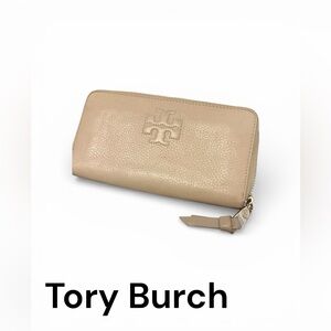 Tory Burch Britten Taupe Leather Zip Wallet
